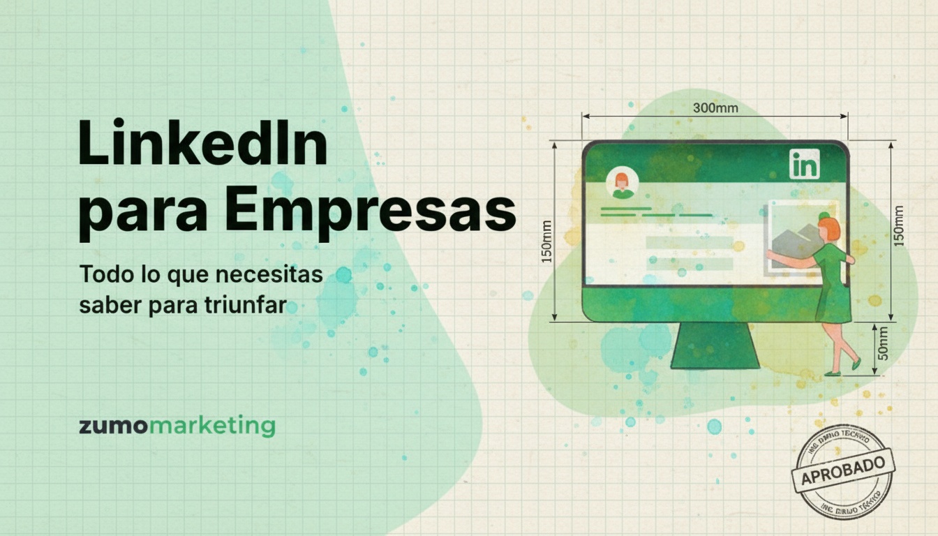 Ilustración de un ordenador mostrando una Página de empresa en LinkedIn con texto en español: "LinkedIn para Empresas. Todo lo que necesitas saber para triunfar". Se aprecian el logotipo de Zumo Marketing y el sello "Aprobado".
